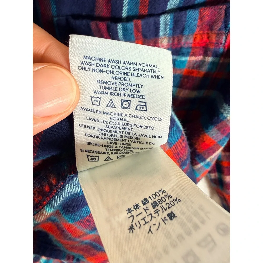 Lands End Boys XXL 18-20 Hooded Flannel Shirt Red Blue Plaid Button Up 525170